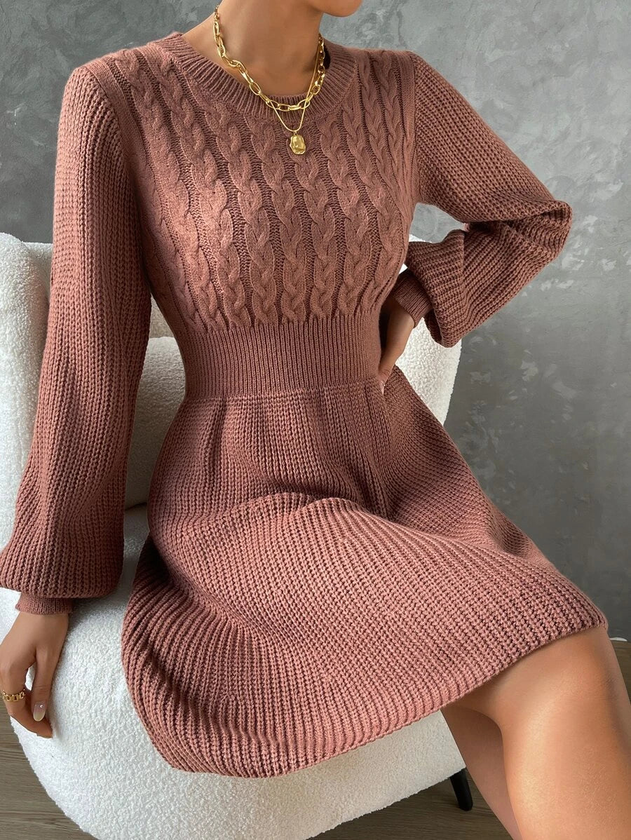 Frenchy Cable Knit Lantern Sleeve Sweater Dress